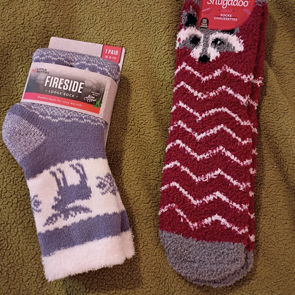 Super Soft Plush Novelty Crew Socks - White & Lavender Deer And 4acoon Striped.